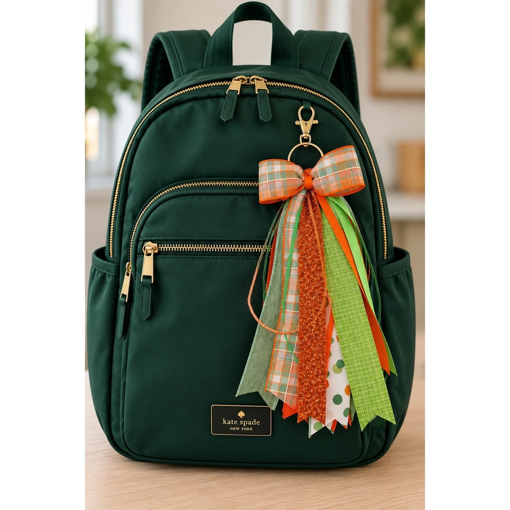 Handmade Orange Green Plaid Ribbon Tassel Keychain Bag Charm for Totes Backpacks